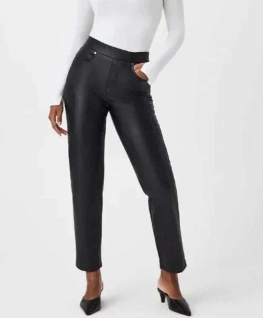 Spanx Slim Straight Faux Leather Pant Black High Rise Crop Women's Large